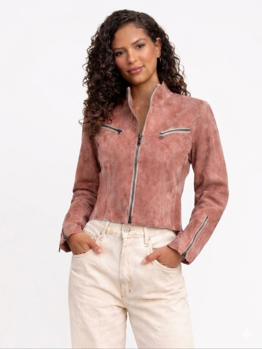 John Carlisle Vintage Dusty Rose Distressed Leather Moto Fitted Jacket